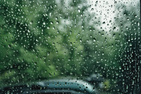 Ideal background of raindrops on the window, with a green backdrop, perfect for representing rainy days by generative AIの素材
