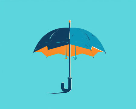 Blue umbrella with raindrops, flat colors by generative AIの素材