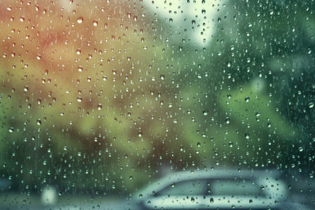 Ideal background of raindrops on the window, with a green backdrop, perfect for representing rainy days by generative AIの素材