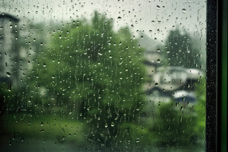 Ideal background of raindrops on the window, with a green backdrop, perfect for representing rainy days by generative AIの素材