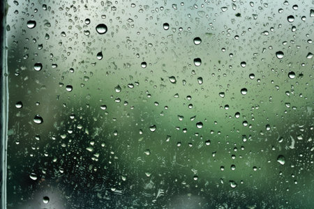 Ideal background of raindrops on the window, with a green backdrop, perfect for representing rainy days by generative AIの素材