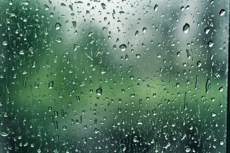 Ideal background of raindrops on the window, with a green backdrop, perfect for representing rainy days by generative AIの素材