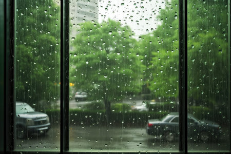 Ideal background of raindrops on the window, with a green backdrop, perfect for representing rainy days by generative AIの素材