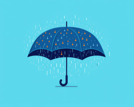 Blue umbrella with raindrops, flat colors by generative AIの素材