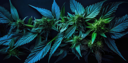 A bunch of green marijuana leaves on a black background for medicinal and therapeutic use by generative AIの素材