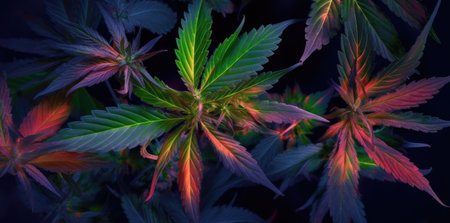 A bunch of green marijuana leaves on a black background for medicinal and therapeutic use by generative AIの素材