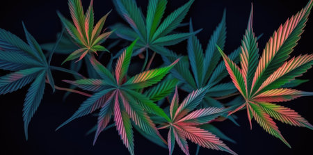 A bunch of green marijuana leaves on a black background for medicinal and therapeutic use by generative AIの素材
