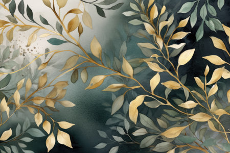 Background of green leaves and branches in watercolor design, in the style of dark white and light gold by generative AIの素材