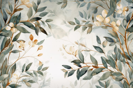 Background of green leaves and branches in watercolor design, in the style of dark white and light gold by generative AIの素材