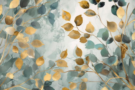 Background of green leaves and branches in watercolor design, in the style of dark white and light gold by generative AIの素材