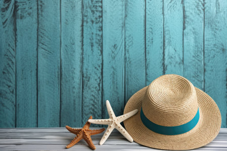 Illustration for summer vacation of a Hat, glasses, and starfish on a blue wooden background, in the style of serene seascapes by generative AIの素材