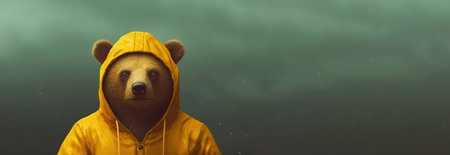Beautiful and charming illustration of a brown bear wearing a yellow raincoat on a plain-colored background by generative AIの素材