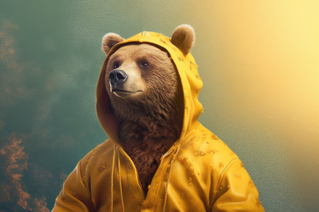 Beautiful and charming illustration of a brown bear wearing a yellow raincoat on a plain-colored background by generative AIの素材