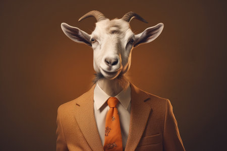 An anthropomorphized goat dressed as a businessman in golden tones, with orange and beige colors by generative AIの素材