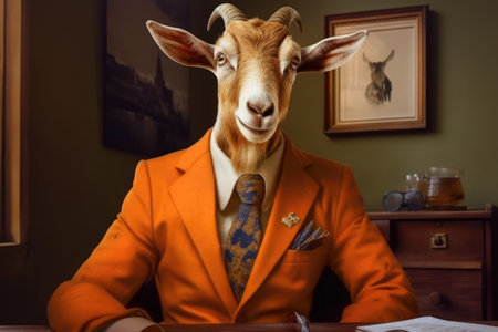 An anthropomorphized goat dressed as a businessman in golden tones, with orange and beige colors by generative AIの素材