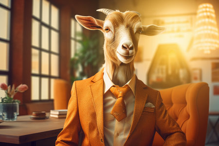 An anthropomorphized goat dressed as a businessman in golden tones, with orange and beige colors by generative AIの素材