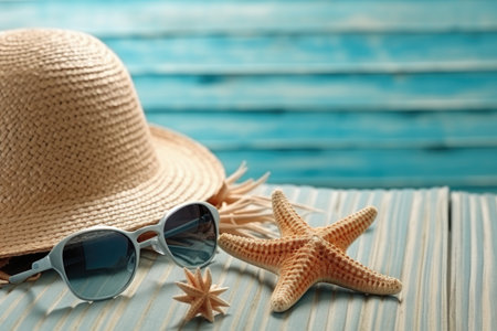 Illustration for summer vacation of a Hat, glasses, and starfish on a blue wooden background, in the style of serene seascapes by generative AIの素材