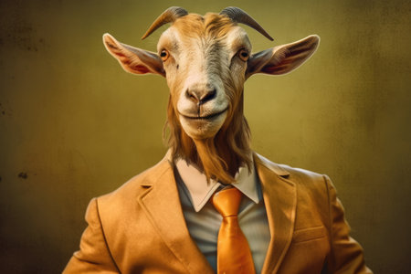 An anthropomorphized goat dressed as a businessman in golden tones, with orange and beige colors by generative AIの素材