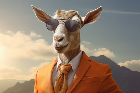 An anthropomorphized goat dressed as a businessman in golden tones, with orange and beige colors by generative AIの素材