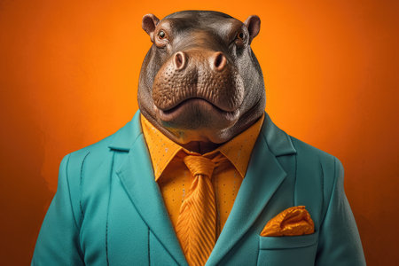 Illustration of a serious and elegant hippopotamus wearing a jacket in front of a smooth and uniform colored background, with shades of orange and green by generative AIの素材