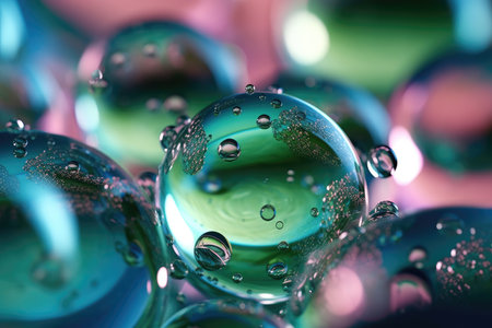 Beautiful background of abstract water bubbles with green and blue backgrounds, in the style of light pink by generative AIの素材