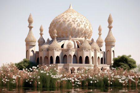 3D illustration of an Islamic mosque with flowers and trees in a style resembling dark beige and white woodcarvings by generative AIの素材