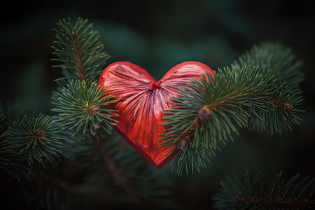 Christmas tree branches decorated with cute red hearts. Generative AIの素材