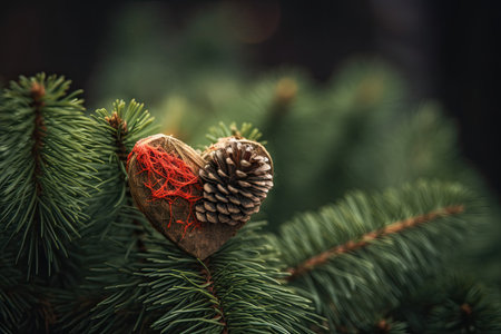 Christmas tree branches decorated with cute red hearts. Generative AIの素材
