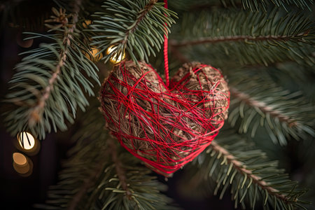 Christmas tree branches decorated with cute red hearts. Generative AIの素材