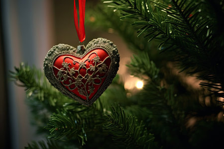 A red heart holiday decoration hanging from a Christmas tree with a beautiful blurred background by generative AIの素材