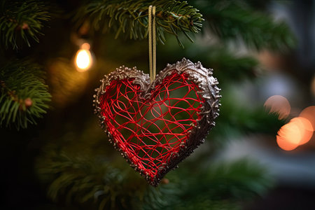 A red heart holiday decoration hanging from a Christmas tree with a beautiful blurred background by generative AIの素材