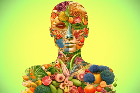 A person with undefined anatomy, with the body divided into parts filled with fruits and vegetables, in a style of bio-art by generative AIの素材