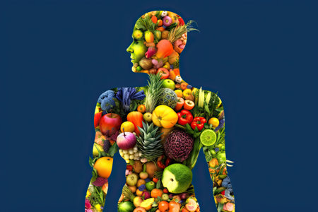 A person with undefined anatomy, with the body divided into parts filled with fruits and vegetables, in a style of bio-art by generative AIの素材