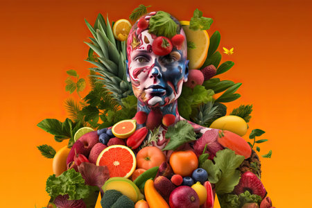 A person with undefined anatomy, with the body divided into parts filled with fruits and vegetables, in a style of bio-art by generative AIの素材