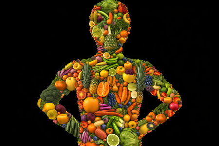 A person with undefined anatomy, with the body divided into parts filled with fruits and vegetables, in a style of bio-art by generative AIの素材