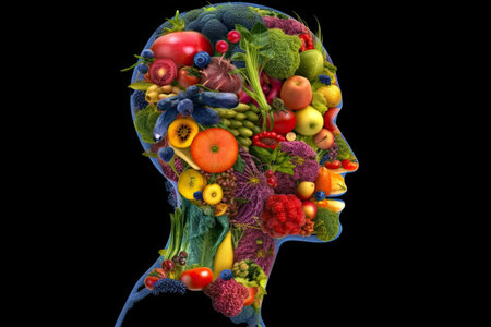 A person with undefined anatomy, with the body divided into parts filled with fruits and vegetables, in a style of bio-art by generative AIの素材