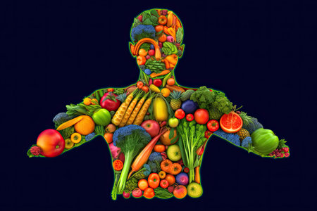 A person with undefined anatomy, with the body divided into parts filled with fruits and vegetables, in a style of bio-art by generative AIの素材