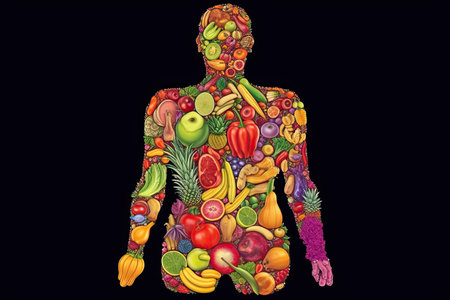 A person with undefined anatomy, with the body divided into parts filled with fruits and vegetables, in a style of bio-art by generative AIの素材