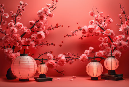 Illustration in the Chinese style of elegant Chinese lanterns with cherry blossoms on a red background by generative AIの素材