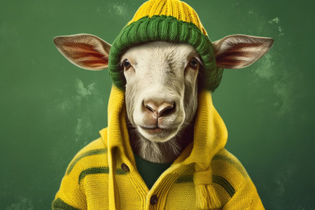 Illustration of a funny goat wearing a yellow and green sweater, and a woolen hat, against a dark green background by generative AIの素材
