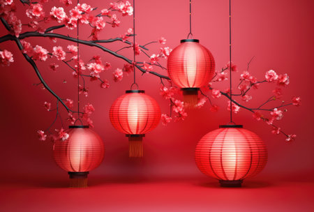 Illustration in the Chinese style of elegant Chinese lanterns with cherry blossoms on a red background by generative AIの素材