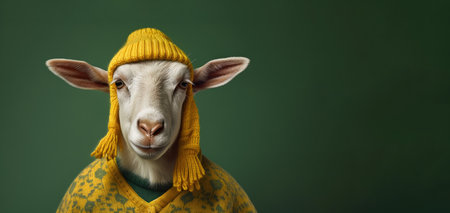 Illustration of a funny goat wearing a yellow and green sweater, and a woolen hat, against a dark green background by generative AIの素材