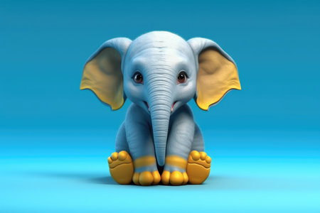 Funny image of a 3D cartoon elephant in blue and yellow colors with a blue background by generative AIの素材