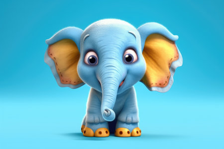 Funny image of a 3D cartoon elephant in blue and yellow colors with a blue background by generative AIの素材
