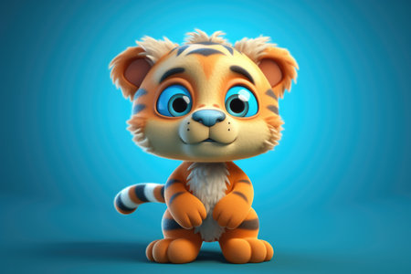 Funny image of a 3D cartoon tiger in blue and yellow colors with a blue background by generative AIの素材