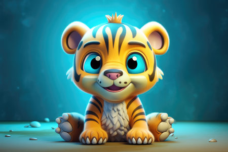 Funny image of a 3D cartoon tiger in blue and yellow colors with a blue background by generative AIの素材