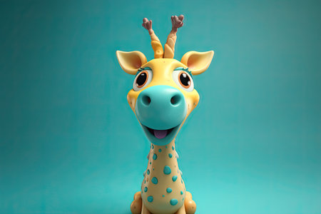 Funny image of a 3D cartoon giraffe in blue and yellow colors with a blue background by generative AIの素材
