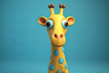 Funny image of a 3D cartoon giraffe in blue and yellow colors with a blue background by generative AIの素材