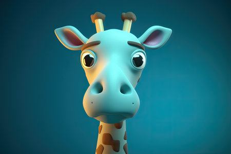 Funny image of a 3D cartoon giraffe in blue and yellow colors with a blue background by generative AIの素材