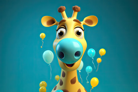Funny image of a 3D cartoon giraffe in blue and yellow colors with a blue background by generative AIの素材